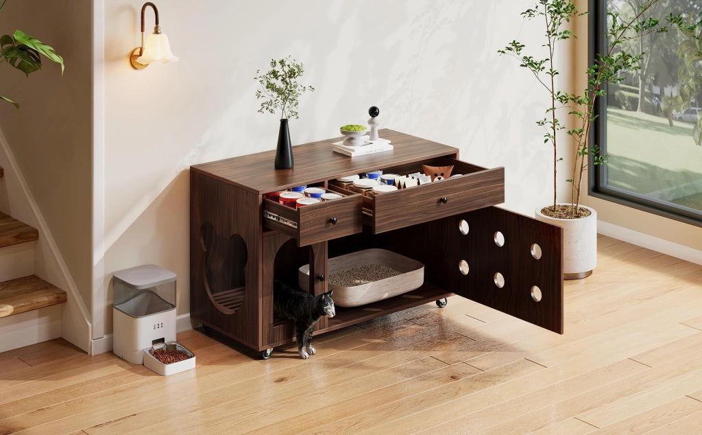 Mobile nascondi lettiera per gatti con cassetti e vaschetta estraibile, 100×45×66 cm, noce