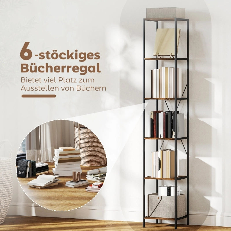 Set di 2 librerie a 6 ripiani, struttura in acciaio, per soggiorno, ufficio, camera da letto, marrone rustico