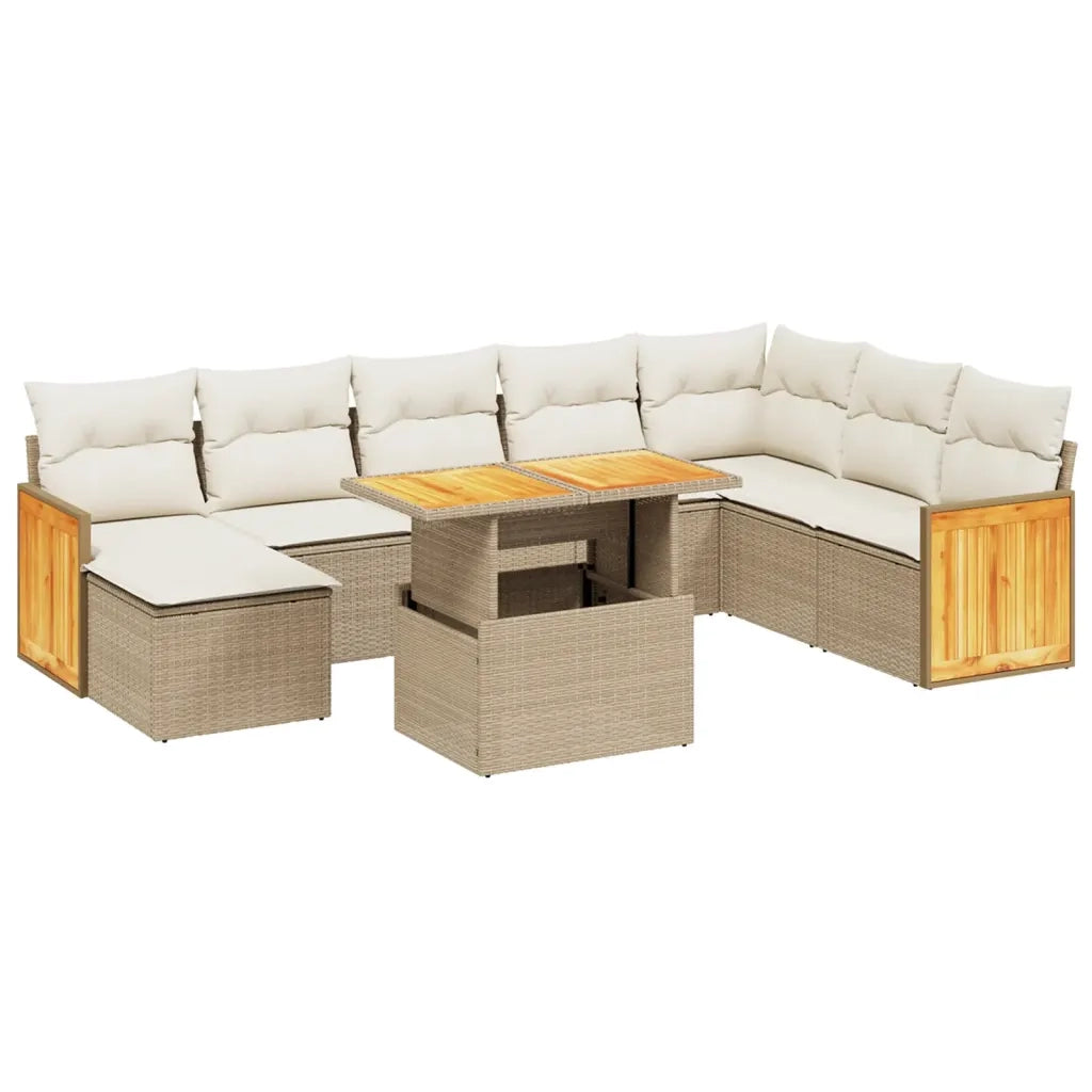 Set Divano da Giardino 9 pz con Cuscini Beige in Polyrattan