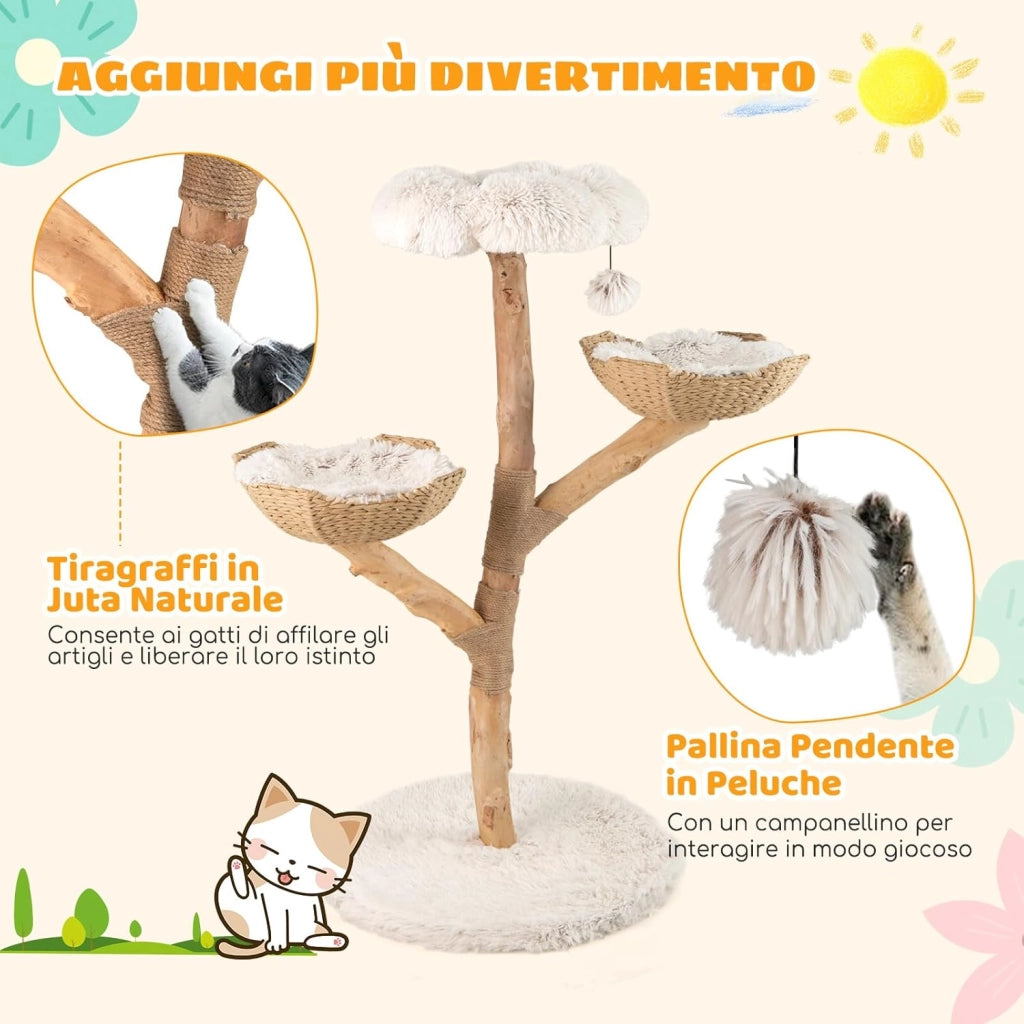 Albero per Gatti, Tiragraffi per Gattini Alta 122 cm con Ramo in Legno con Piattaforma a Fiore, 2 Cesti in Rattan, Pali Tiragraffi in Juta e Pallina Pendente, Mobile per Gatti da Interno
