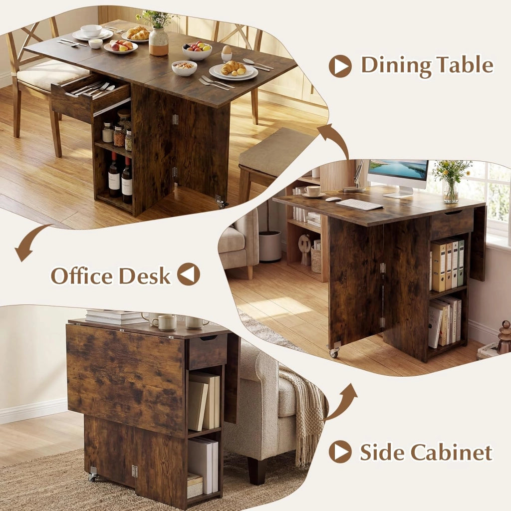 Tavolo da Pranzo Pieghevole, Mobile da Cucina con Ali Pieghevoli, 1 Cassetto e 2 Ripiani Aperti, per 2-4 Persone, Salvaspazio, 120 x 72 x 75 cm, Ideale per Sala e Cucina