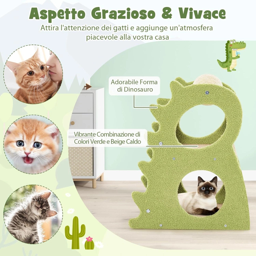 Albero Tiragraffi Moderno a 2 Livelli da Interno, Torre per Gatti a Forma di Dinosauro con Palla Girevole in Sisal, Tessuto Peluche Morbido e Tiragraffi, Centro Attività per Gatti