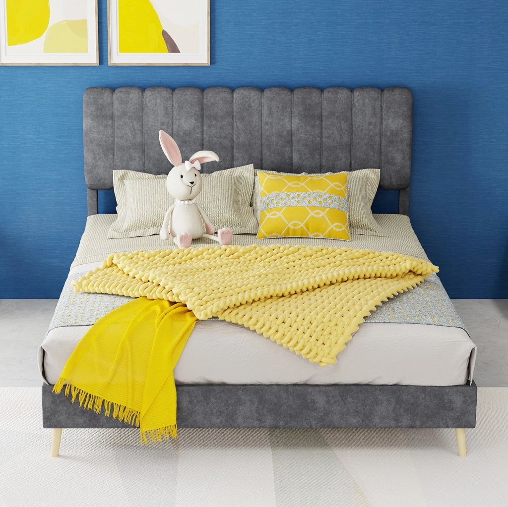 Letto imbottito 140 x 200 cm in tessuto effetto velluto olandese grigio con materasso incluso