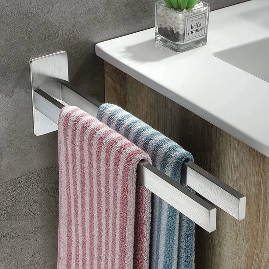 Supporto asciugamano, quadrato doppio, asciugamano in acciaio inossidabile per la doccia, rail, non richiede foratura, supporti asciugamano autoadesivi, fissaggio alla parete, argento, 39 cm