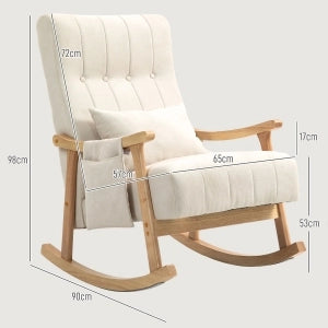 Poltrona a dondolo imbottita con cuscino lombare e tasche laterali struttura in faggio in poliestere beige