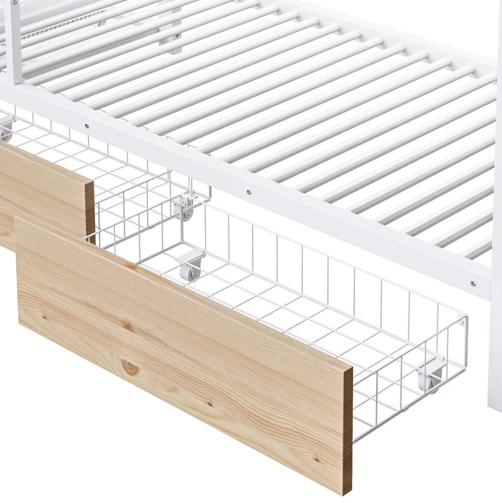 Letto a castello 90x200 cm in metallo e MDF; 2 cassetti; LED; bianco