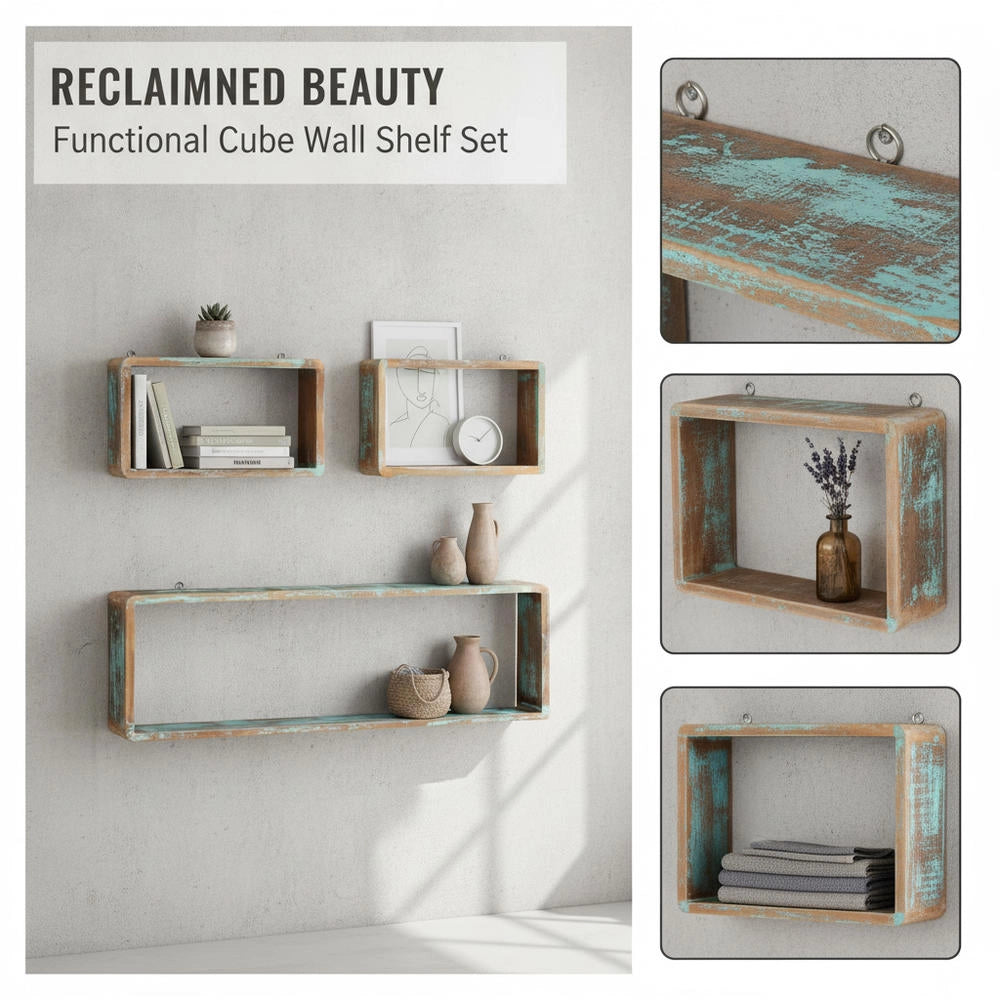3-piece Cube Wall Shelf Set Made Of Recycled Solid Wood