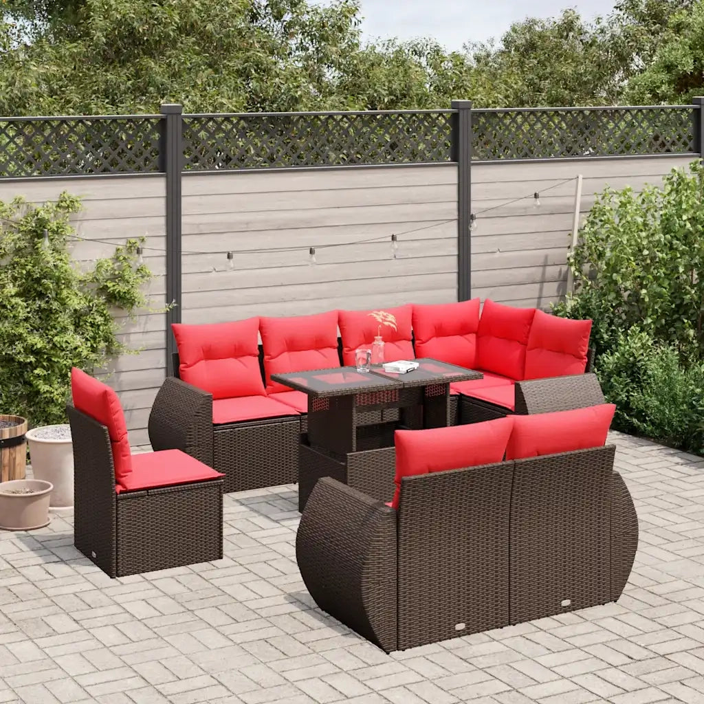 Set Divani da Giardino 9 pz con Cuscini Marrone in Polyrattan 3268674