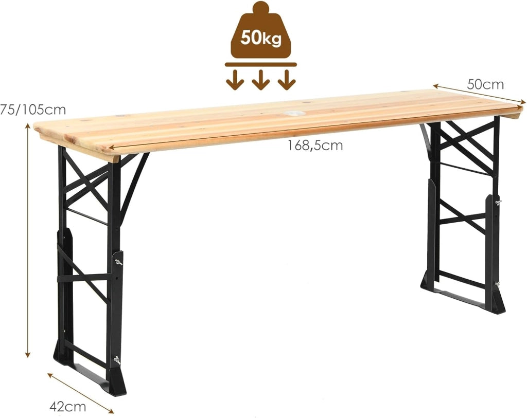Tavolo da Picnic Pieghevole, Tavolo da Campeggio in Legno, con Altezza Regolabile, con Foro per Ombrellone, 168,5 x 50 x 75/105 cm, Portata 50 kg