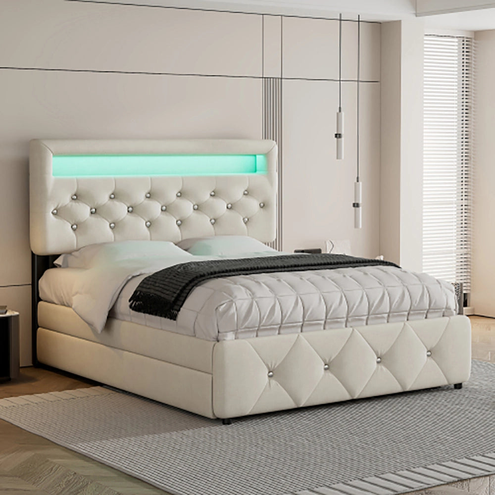 Letto adulto imbottito - Xylo - 140x200 cm - Beige - Con letto a scomparsa, 2 cassetti e comodino con LED