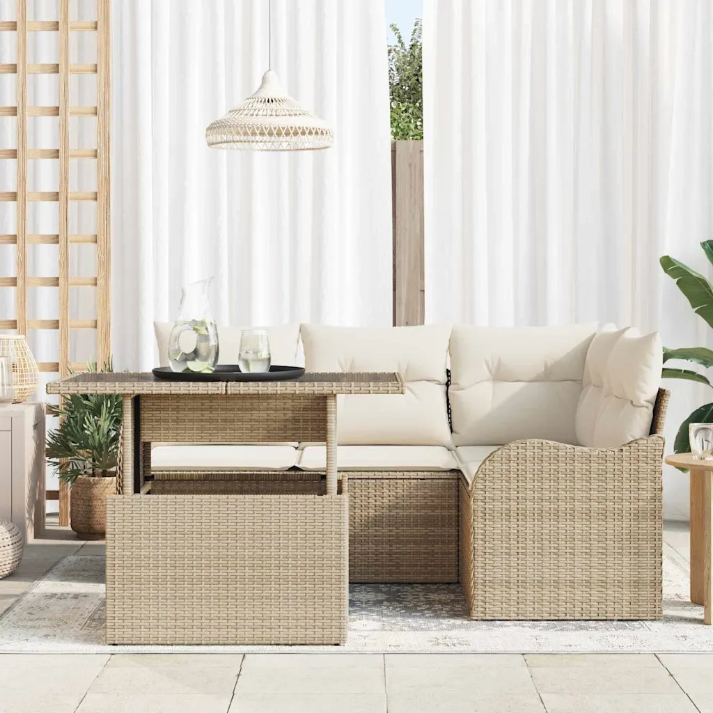 Set da pranzo per esterni con cuscino 5 pcs Beige Poly Rattan