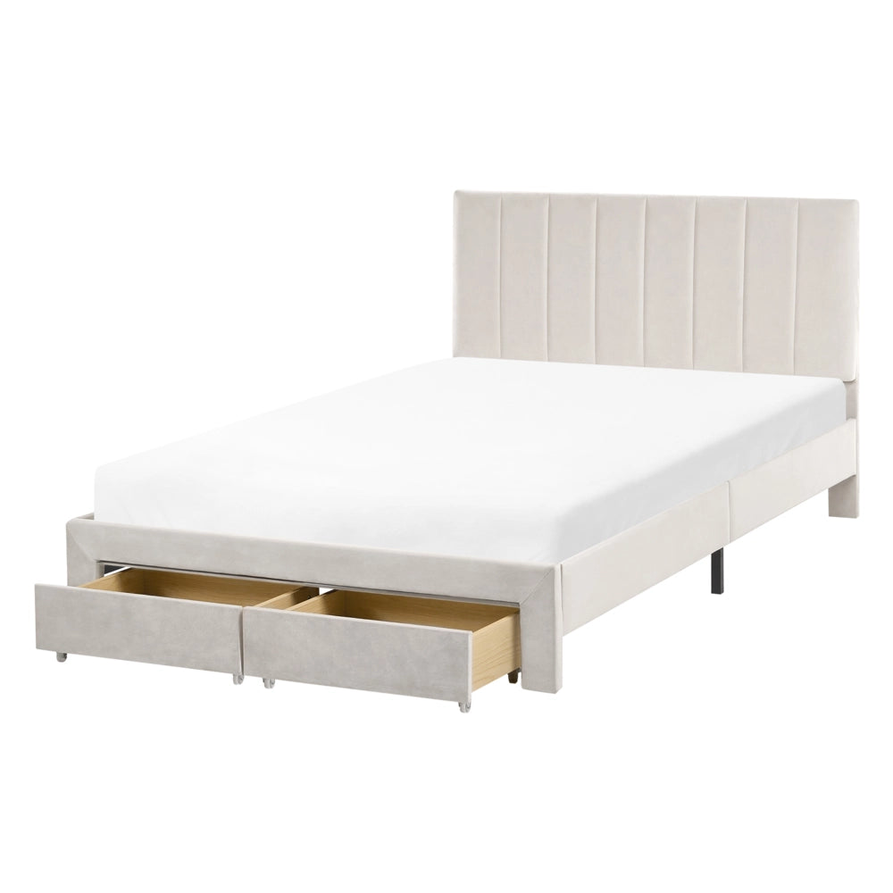 Letto matrimoniale 120 x 200 cm Bianco Sporco Rivestimento in velluto 4ft con cassetti Testiera Base a doghe Moderno