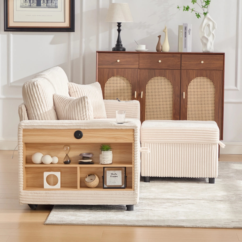 Divano in corduroy con contenitore; letto estraibile e USB-C; beige 196 cm