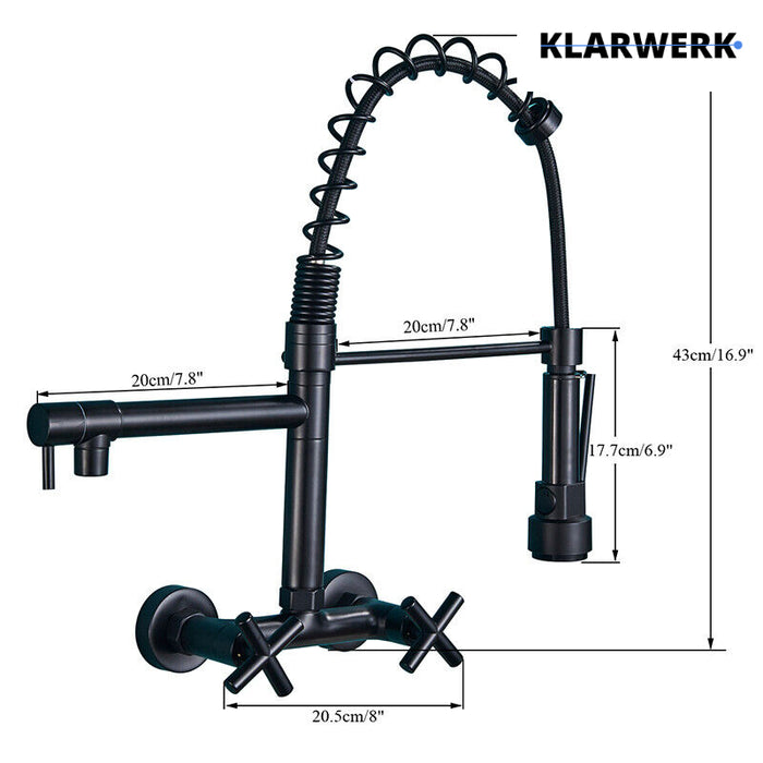 Björn |Rubinetto gastronomico a parete nero opaco|professionale da cucina in acciaio inox a due getti|Rubinetto doppio per lavello ristorante a parete