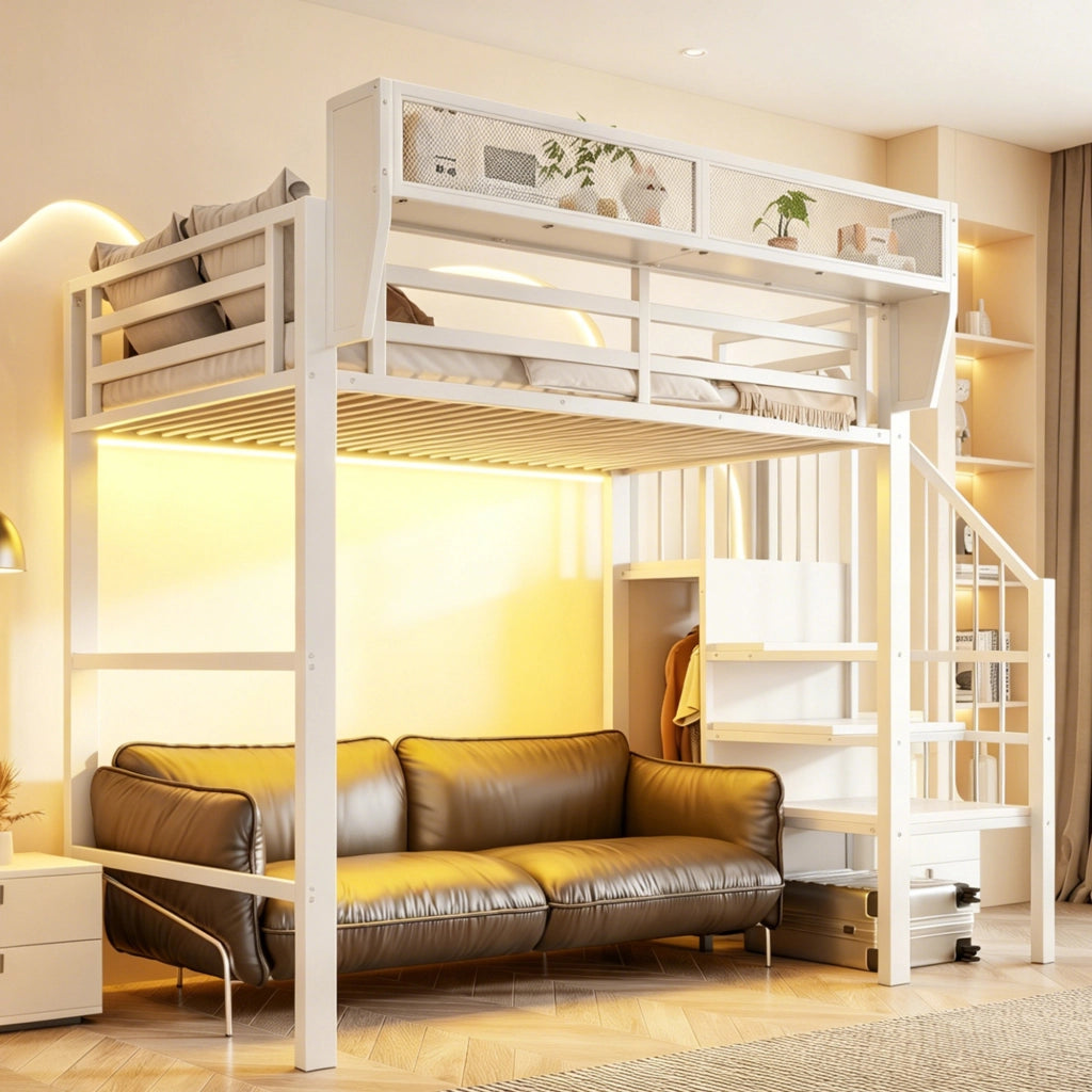 Letto a soppalco 90 × 200 cm con LED, scala di sicurezza e ripiani regolabili, senza materasso, in metallo bianco