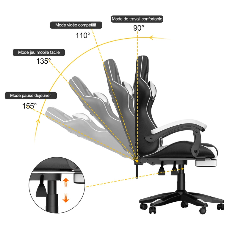 Sedia da gioco,sedia da gioco ergonomica  in similpelle, altezza regolabile,con poggiatesta e supporto lombare, poggiapiedi, nero e bianco