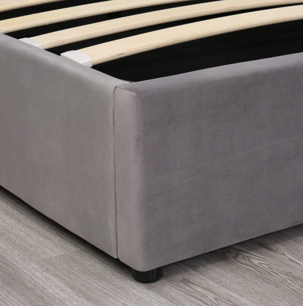 Letto imbottito contenitore 160x200 in velluto grigio; testiera alta 99 cm