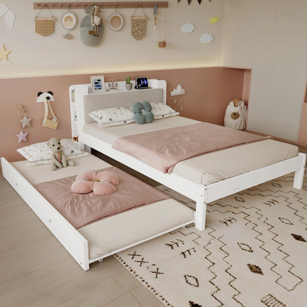 Letto in legno da 120x200 cm, con letto estraibile da 90x190 cm, testiera imbottita, ripiano e prese di ricarica, bianco