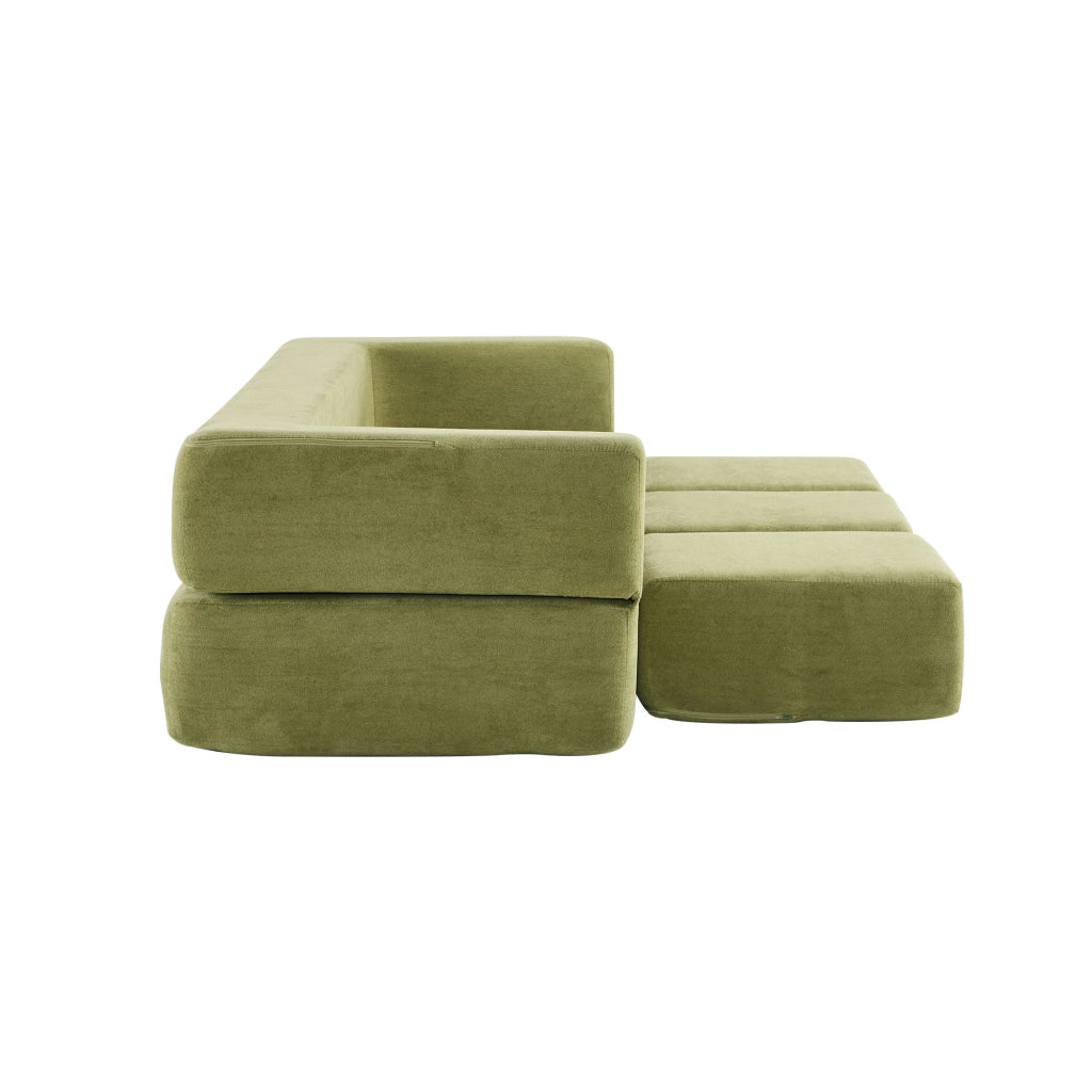 Divano letto modulare multifunzione da pavimento in chenille verde, con schiuma ad alta elasticità, per piccoli spazi