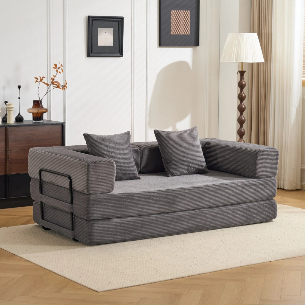 Divano letto pieghevole a pavimento con braccioli e schienale in velluto a coste grigio scuro 185 × 92,5 × 60 cm