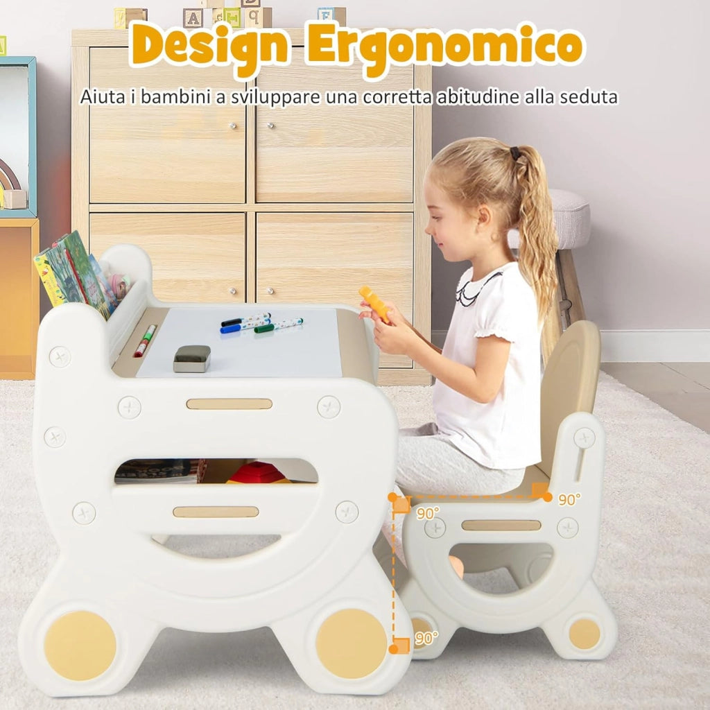 Set Tavolo e sedia per Bambini, Tavolo per Bambini con Sedia, Tavolo da Disegno Cancellabile e Ripiano, per Disegnare, Leggere, Giocare, Ideale per Bambini 3-8 Anni (Brown)