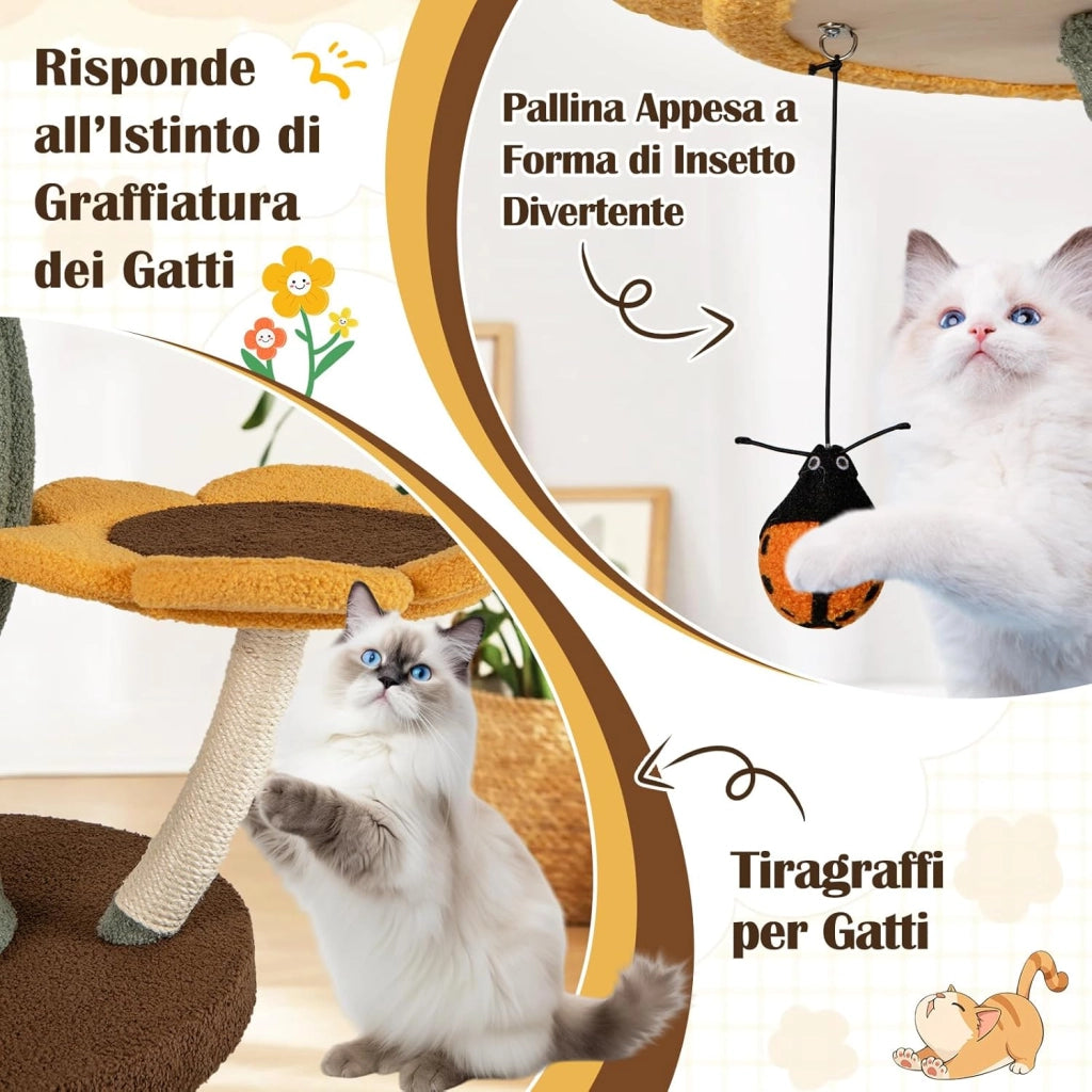 Albero per Gatti, Tiragraffi per Gatti a Forma di Girasole con 4 Piattaforme a Forma di Fiore, Pali Tiragraffi, Base Rotonda Ampia, Piattaforma Imbottita e Pallina Sospesa, Mobili Arrampicata