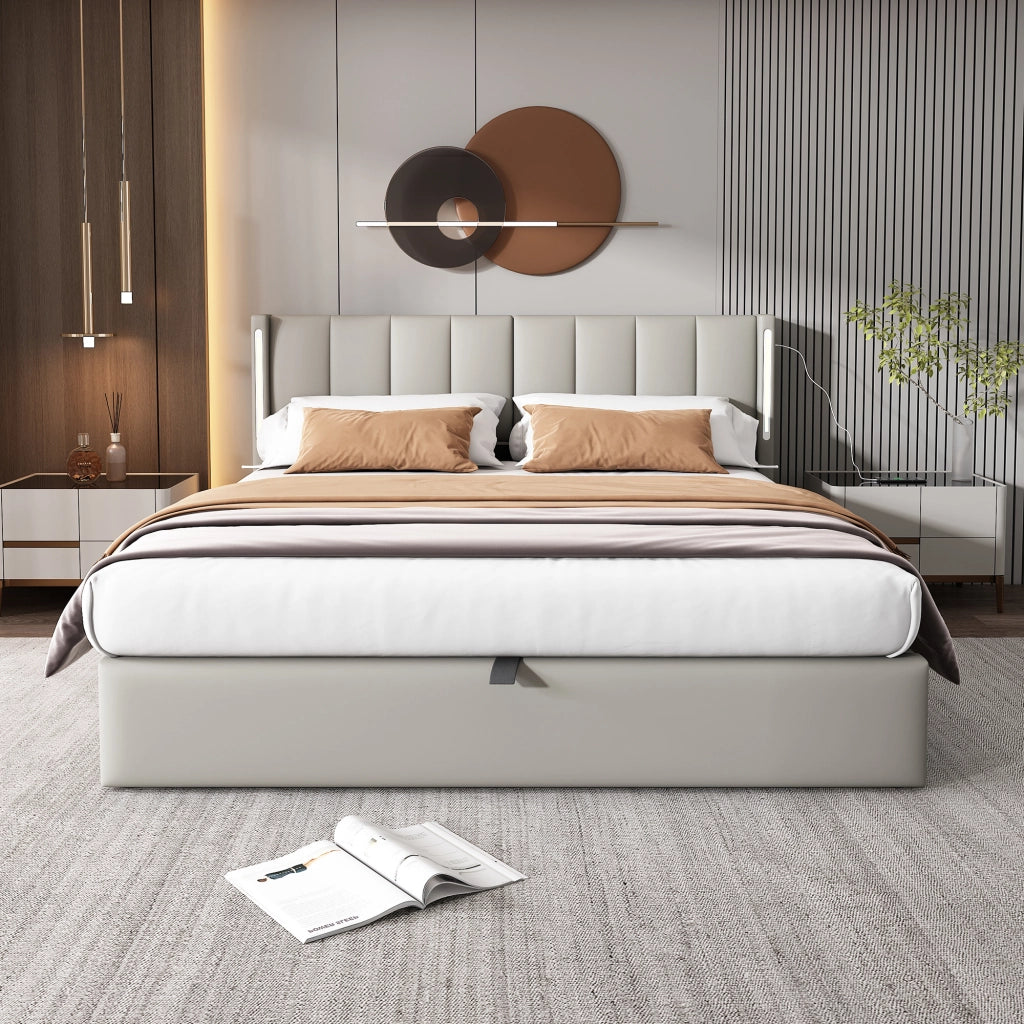 Letto imbottito idraulico con LED e USB 180x200 cm in similpelle grigia