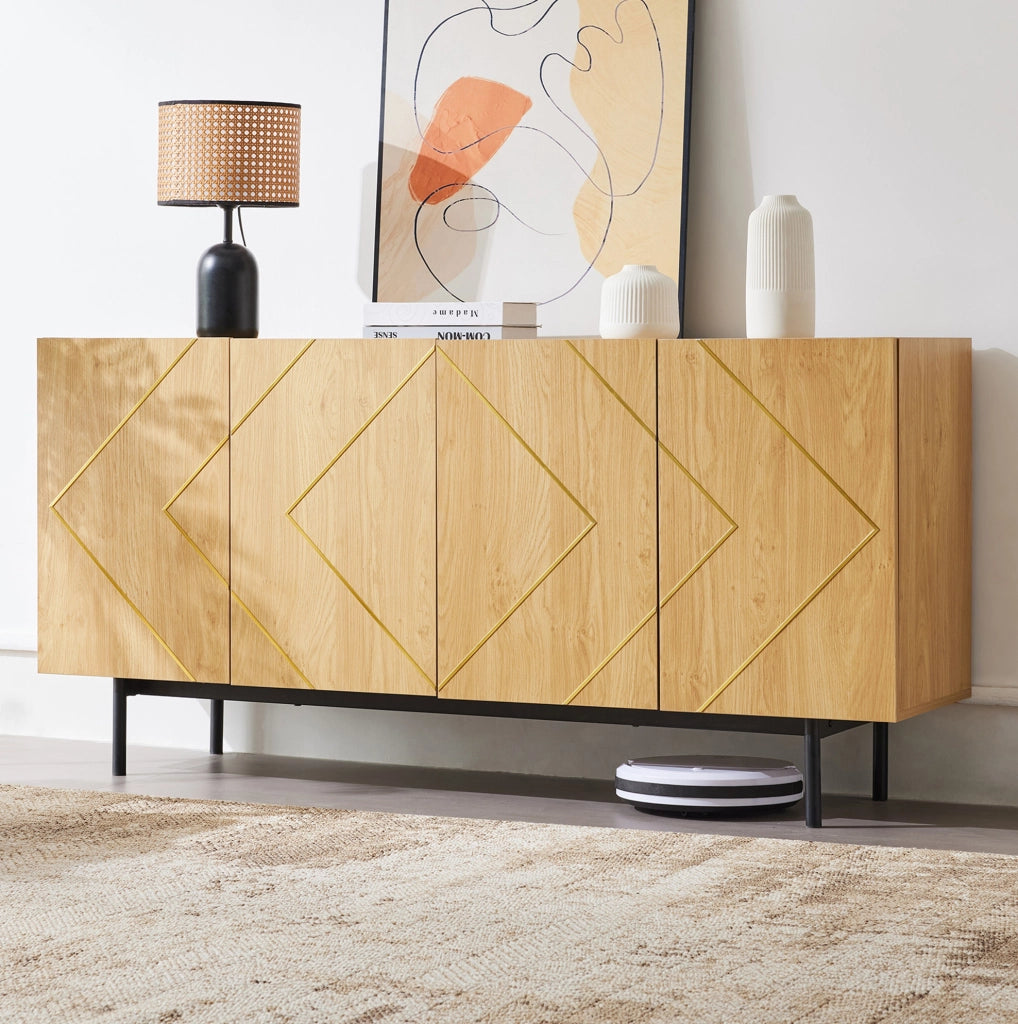 Credenza 160x40x78 cm con 4 ante e ripiani regolabili in truciolare naturale