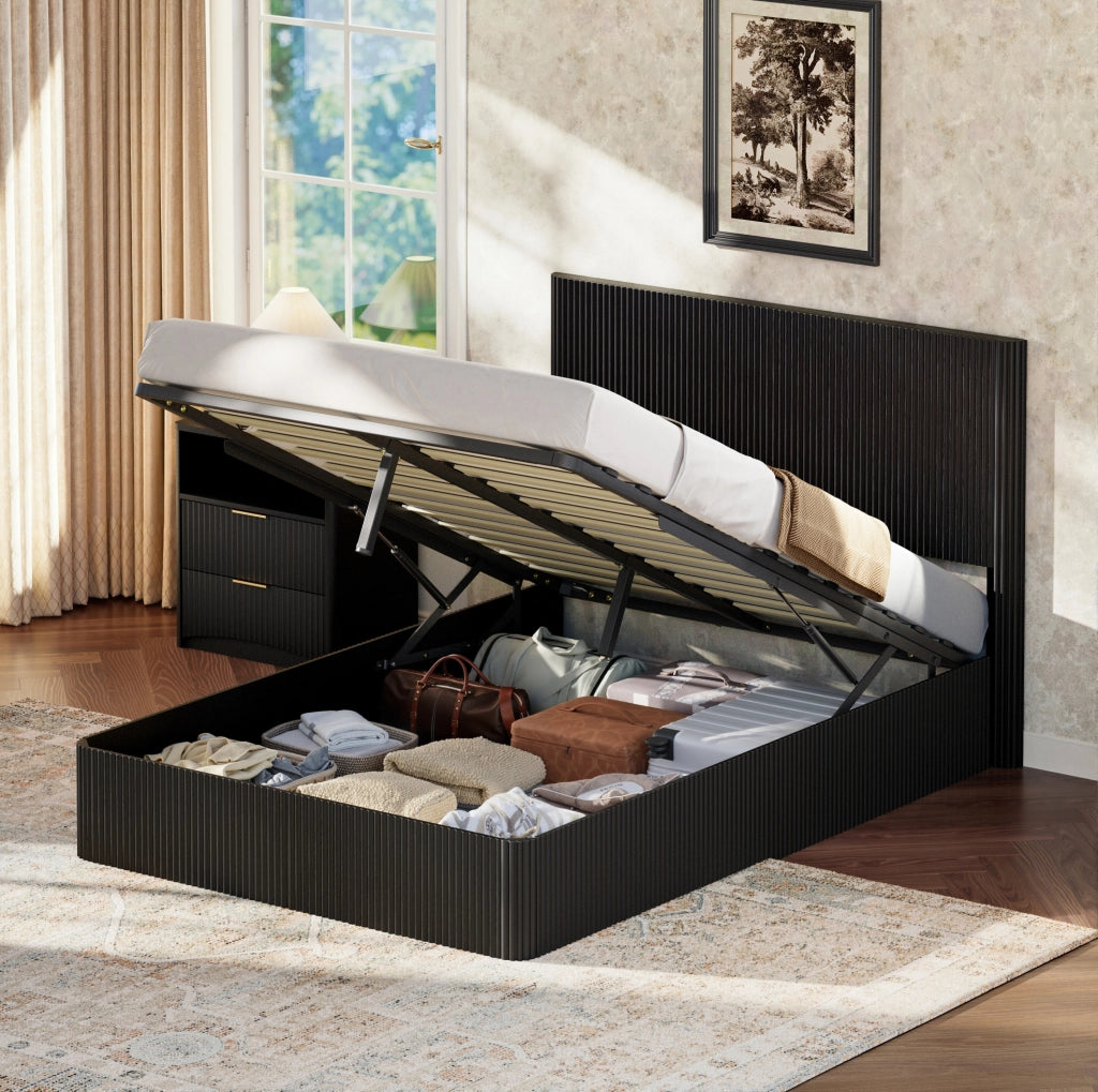 Letto 140x200 cm con contenitore e sistema idraulico; MDF e metallo nero
