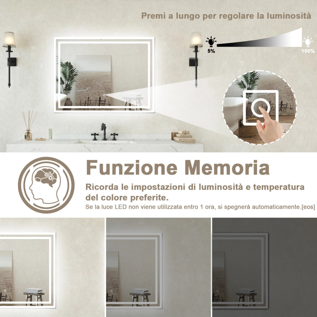 Specchio bagno Rettangolare 80x60cm Retroilluminato Con Led, Antiappannamento + 3 Luci