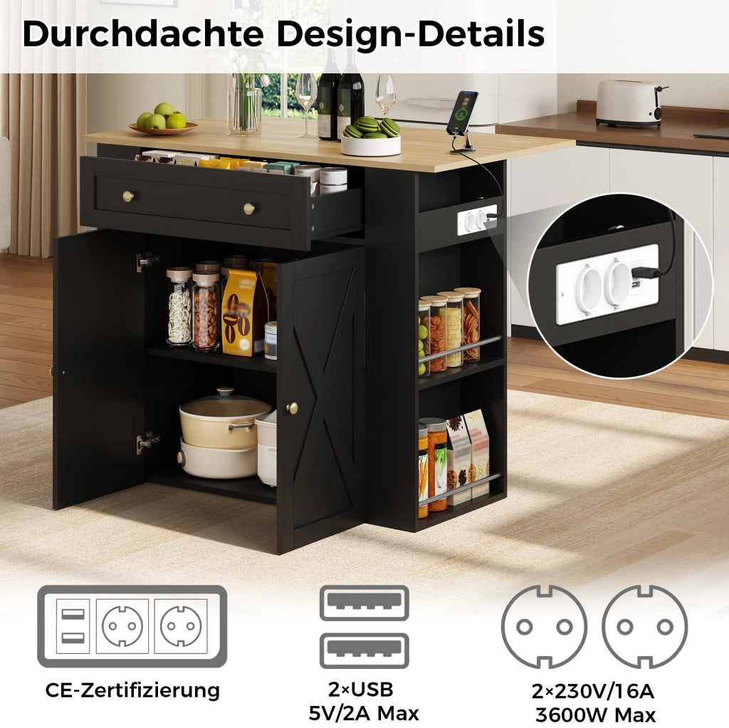 Isola da cucina con piano ribaltabile; presa 2 AC e 2 USB; MDF; 120 x 75 x 97 cm; nera