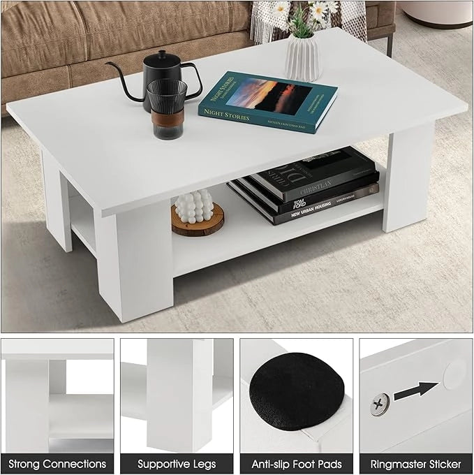 Tavolino da Salotto, Tavolino Basso a 2 Ripiani, Tavolino da Caffè, Tavolino da Divano, in Legno, Montaggio Semplice, per Soggiorno, Peso Max 125 kg, Bianco (90x52x40 cm)