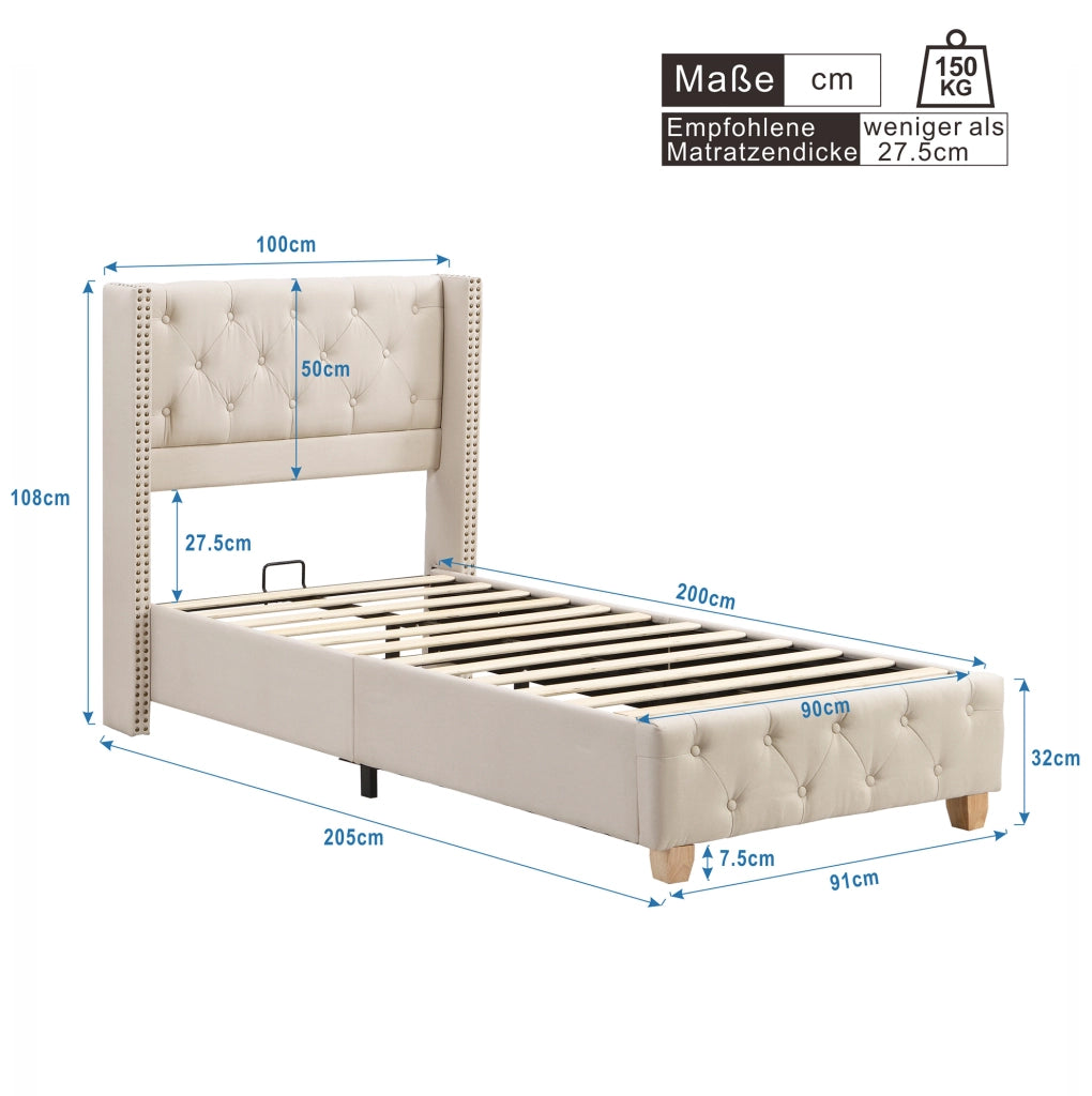 Letto imbottito 90x200 cm; testiera trapuntata e piedi rinforzati; lino beige (Senza materasso)