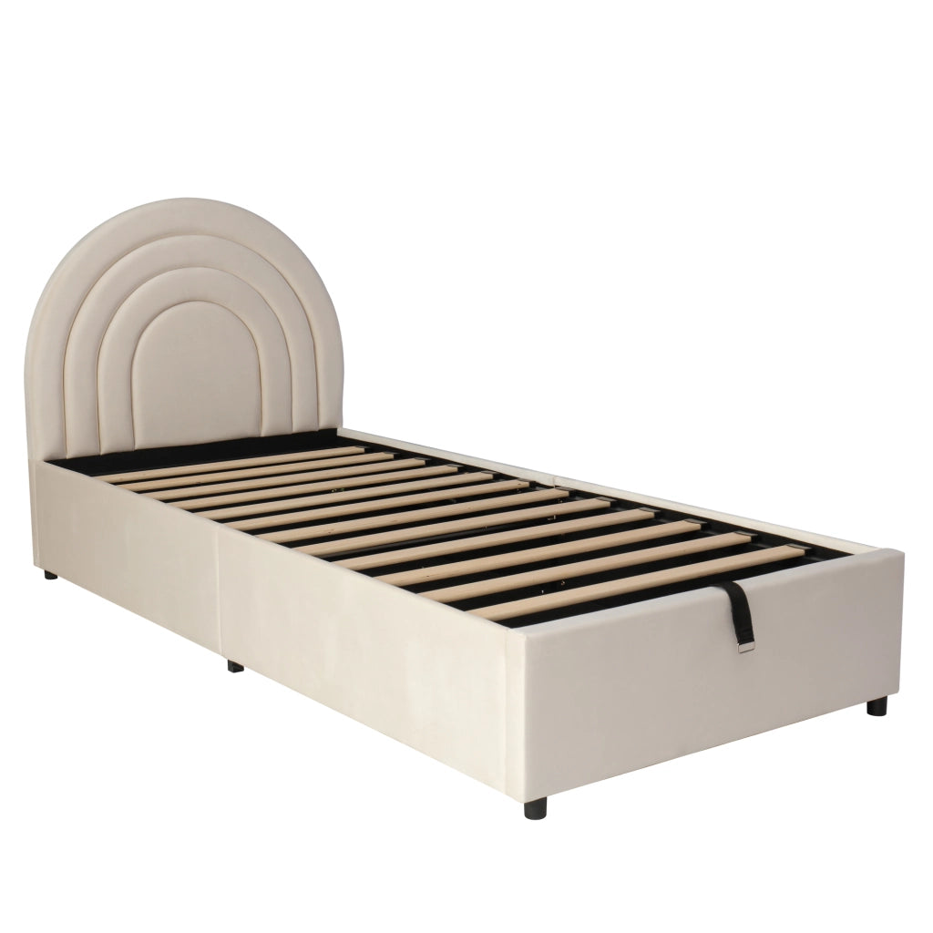 Letto singolo imbottito 90 × 200 cm con vano contenitore e testiera in velluto beige per cameretta