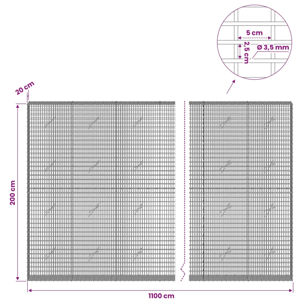 Gabione con filo da 3,5 mm e rete da 5x2,5 cm 1100x20x200 cm 3461728