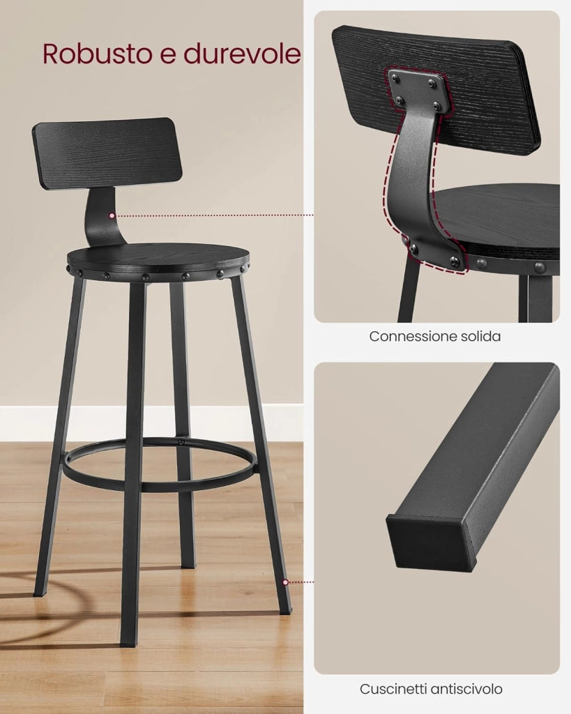 VASAGLE Sgabello da Bar, Set di 2 sgabelli da Bar, sedie da Cucina con Struttura in Metallo, Altezza Seduta 73 cm, Facile Installazione, Design Industriale, Ebano Nero LBC026B56V1