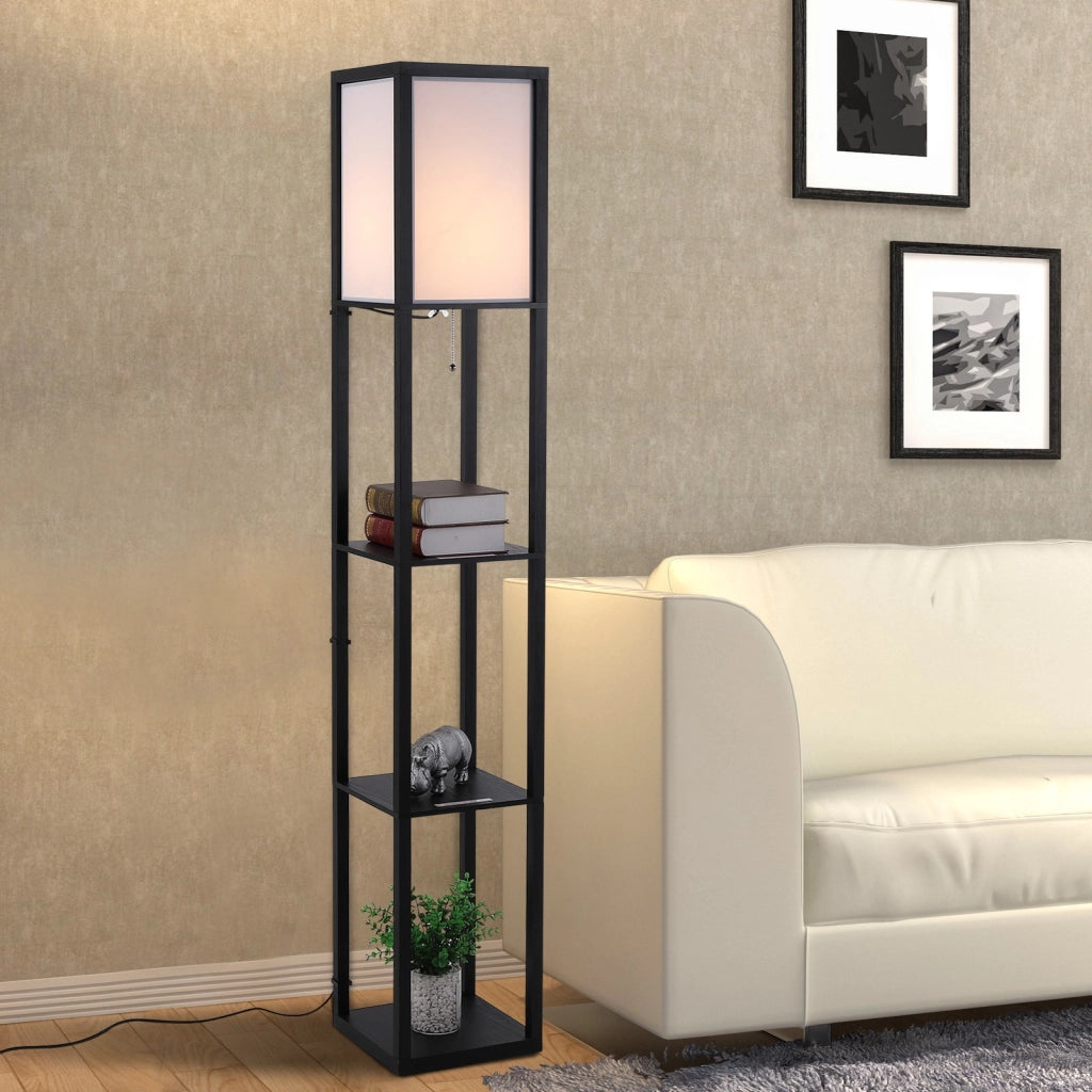 EasyComfort Lampada a Terra 40W con 3 Mensole Integrate e Interruttore a Pedale, Lampada Moderna in MDF e PS, 26x26x160 cm, Nero e Bianco