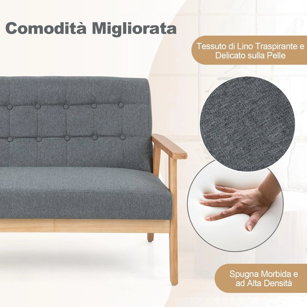 Divano a 2 Posti in Lino, Panchina Imbottita con Cuscini e Struttura in Legno di Gomma, Divano per Soggiorno, Camera da Letto, Studio