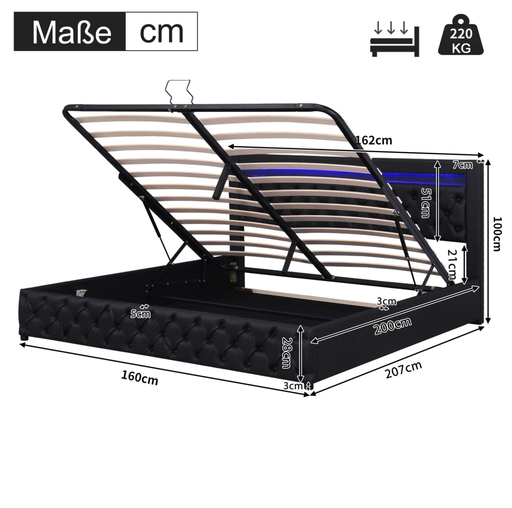 Letto imbottito 160x200 cm; con LED e contenitore; PU nero (Senza materasso)
