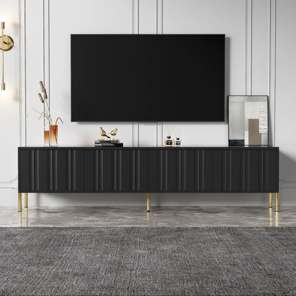 Mobile TV con 4 Ante e 8 Ripiani; Ante a Doghe Verticali; Piedini Dorati 15 cm; in MDF e Pannello Truciolare; Nero; 190??38??48 cm