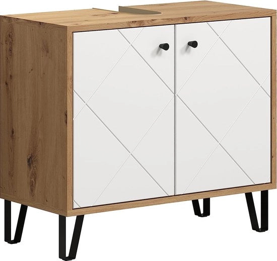 Vanity per bagno - Cassetto per bagno - Mobile per la conservazione - Base per l'aspirapolvere - Standard per la vasca - Organizzatore per il bagno - Sostegno per sotto il lavabo - Bianco lucido con finitura in legno di eichen - 69 x 61 x 33 cm