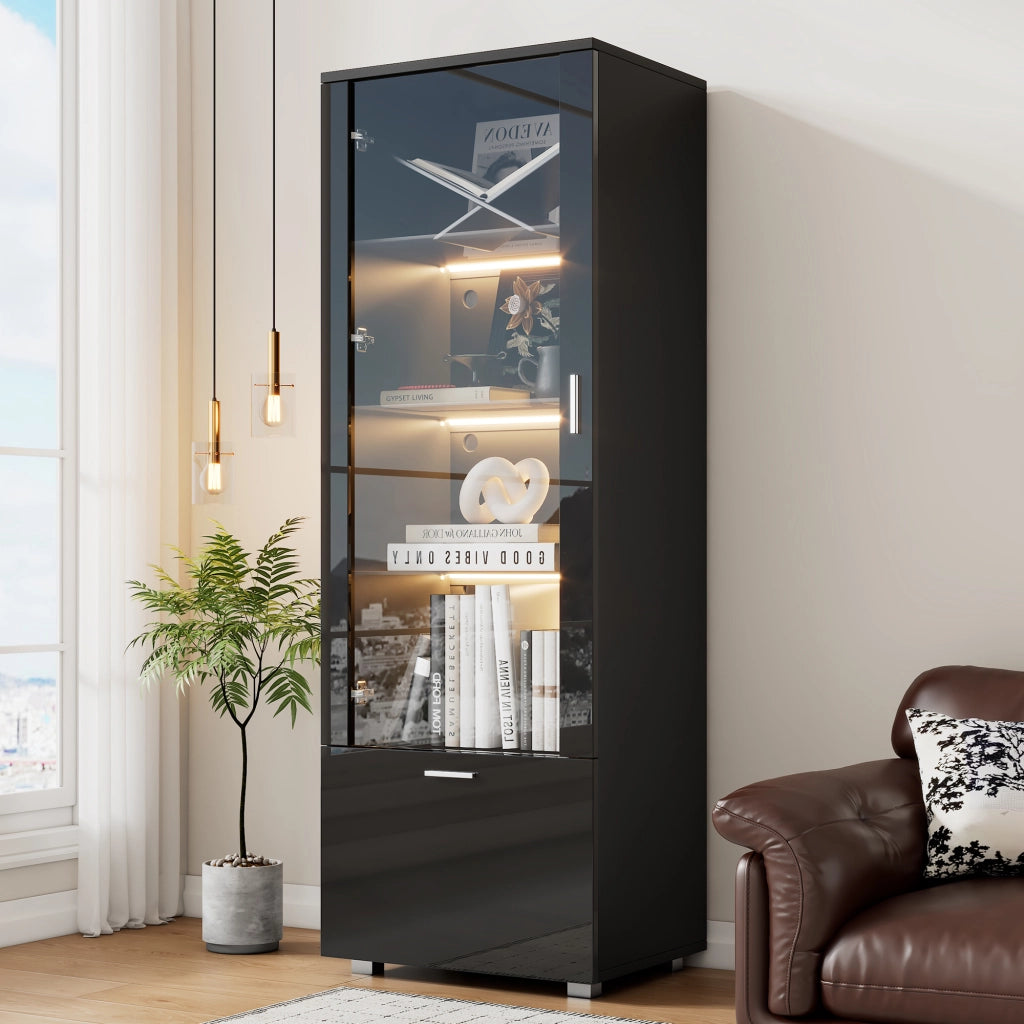 Vetrina con 3 ripiani, ante in acrilico e LED con telecomando, per soggiorno e studio, nero, 40 × 50 × 160 cm