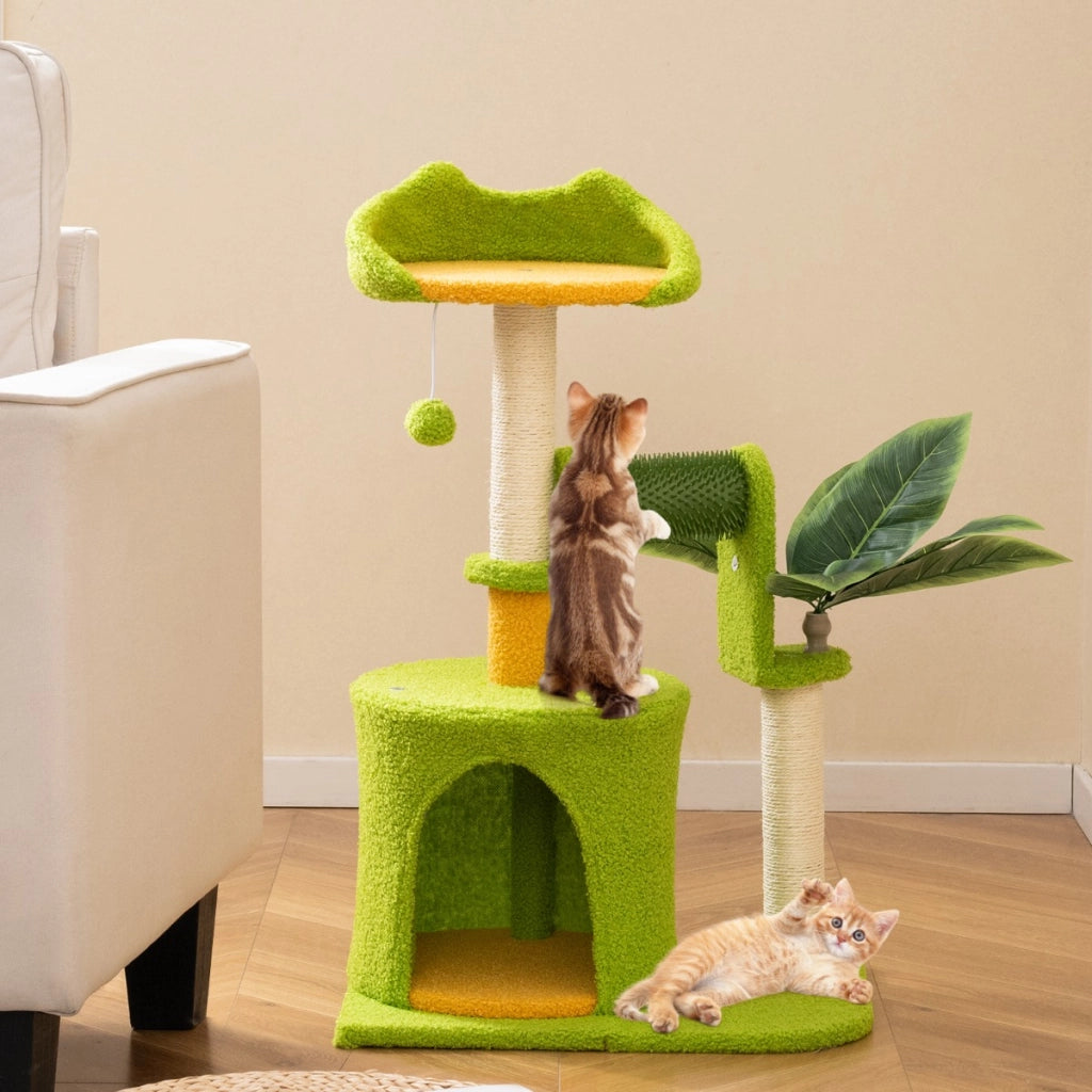 Torre per gattini con foglie artificiali condominio trespolo tiragraffi in sisal, Albero per gatti da interno Verde-Alberi Tiragraffi