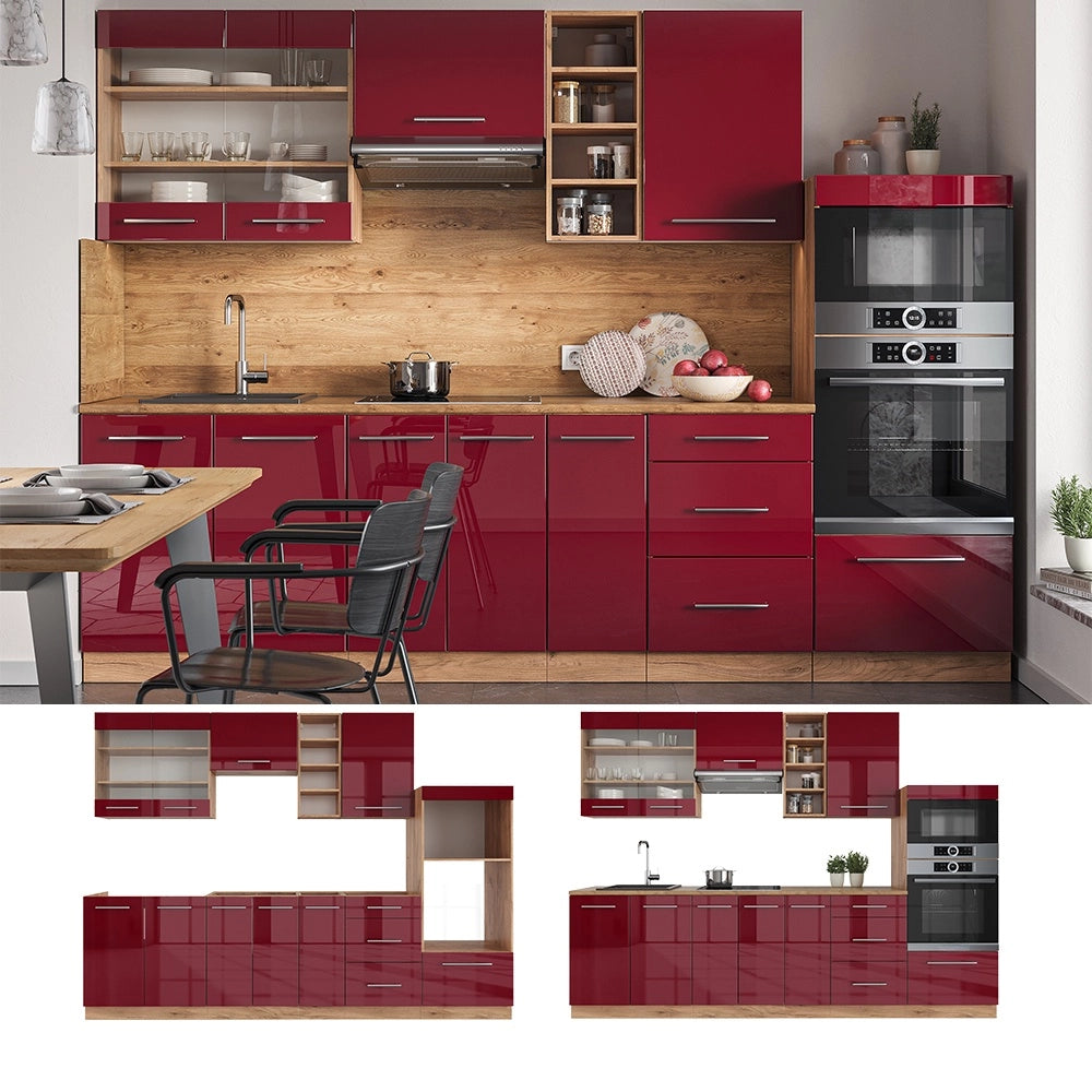 Cucina componibile Fame-Line Bordeaux lucido/Rovere dorato 280 cm, PL Antracite Vicco