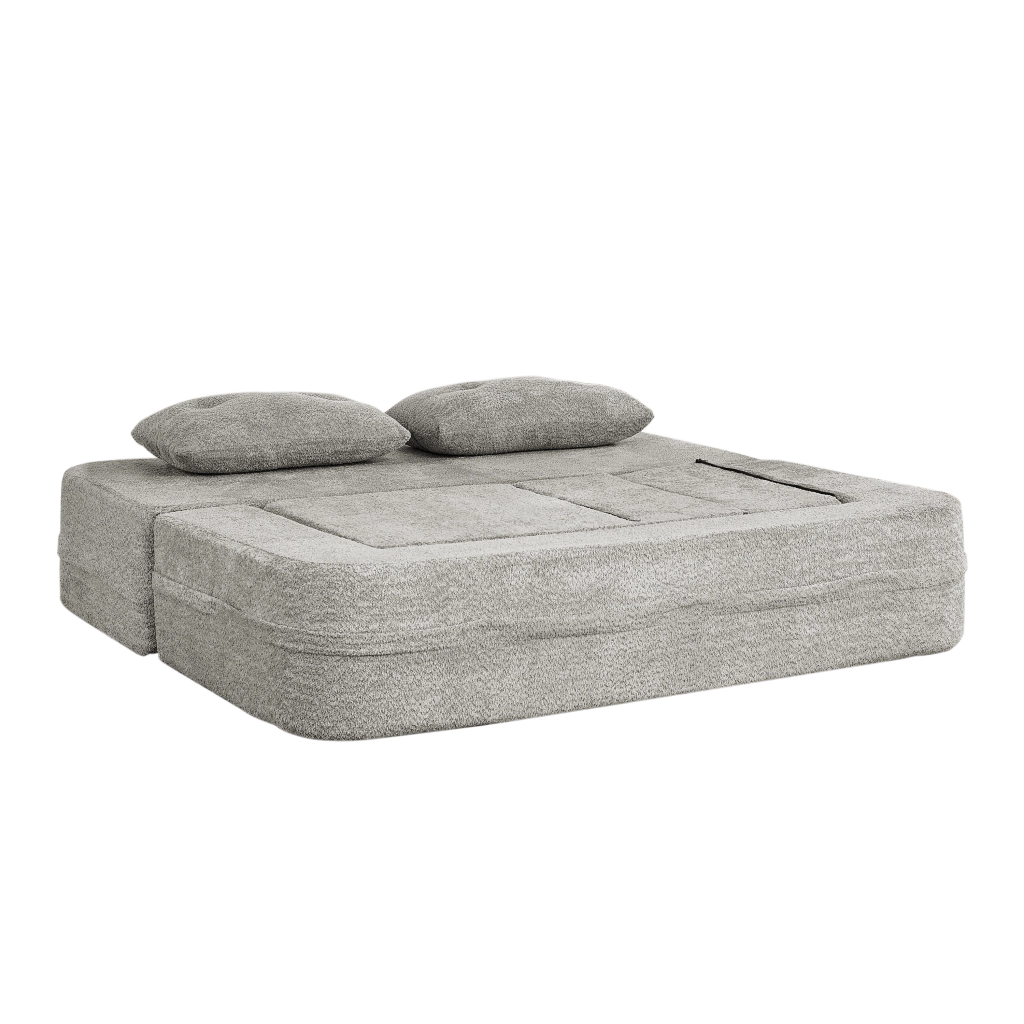 Divano modulare 2 posti con poltrona; funzione letto e tasche laterali in tessuto grigio chiaro 199×194×39 cm