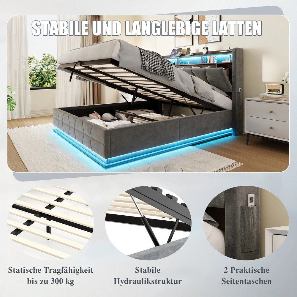 Letto con LED, Testiera Contenitore, USB e Doghe ¨C MINIMAL ¨C Grigio Scuro 160x200