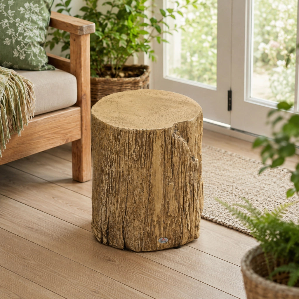 Tavolino da appoggio ?37x43 cm effetto ceppo con 4 piedini regolabili in cemento naturale