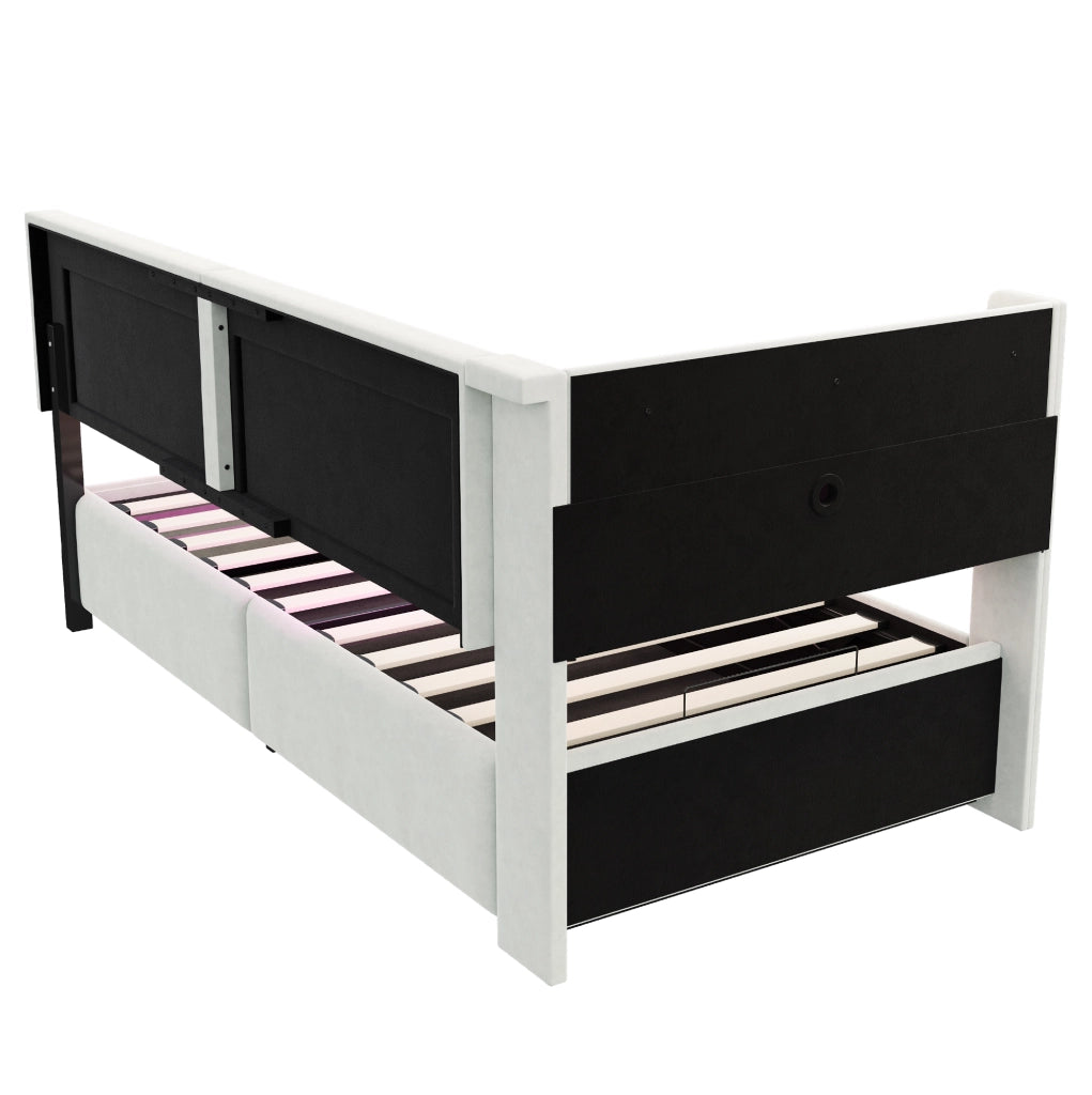 Poltrona letto multifunzione 90x200 cm in velluto beige con LED; USB e contenitore