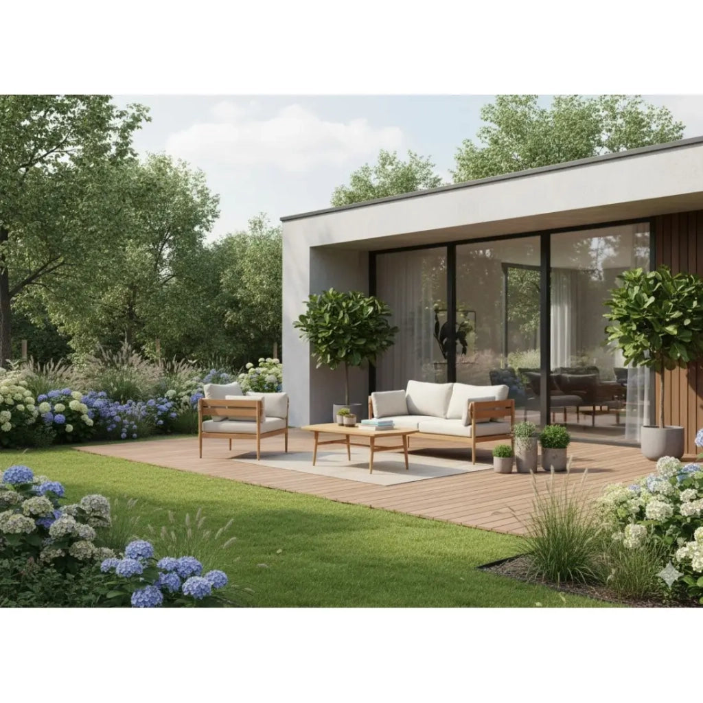 Set da giardino SELVANO 4 posti in alluminio effetto legno con cuscini beige e tavolino basso