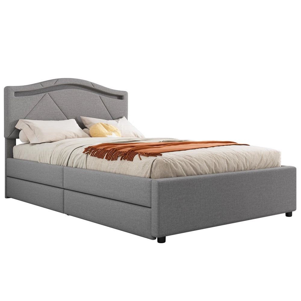 Letto Imbottito con LED e Cassetti ¨C Xylo ¨C Testiera Regolabile, Tessuto Grigio, 90x200